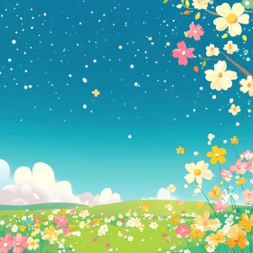 Whimsical Floral Meadow Under Starry Sky