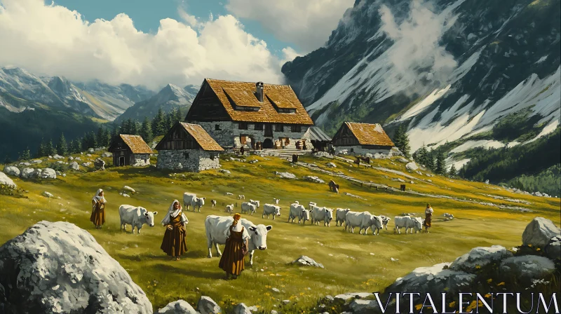 Alpine Village Scene with Cows AI Image