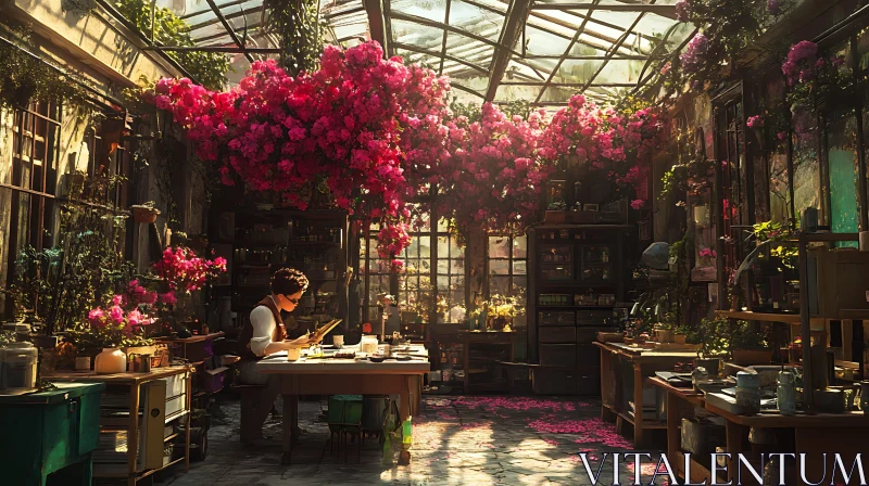 Botanical Interior with Person Working AI Image