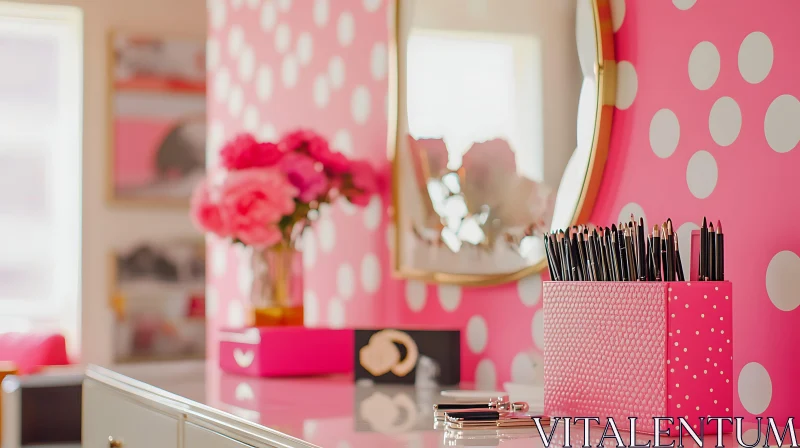 Charming Pink Interior with Makeup Brushes AI Image