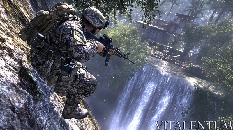 Soldier on Cliffside Near Waterfall AI Image