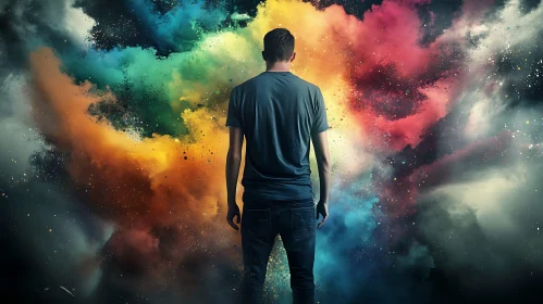 Man Staring at Colorful Explosion