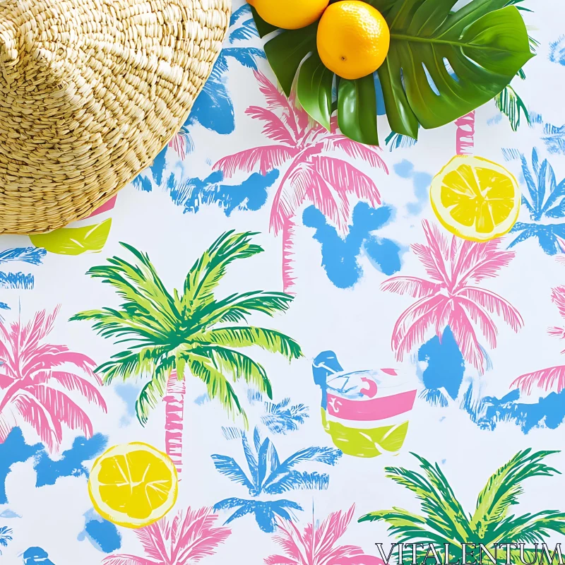 AI ART Summer Fruit Pattern with Straw Hat