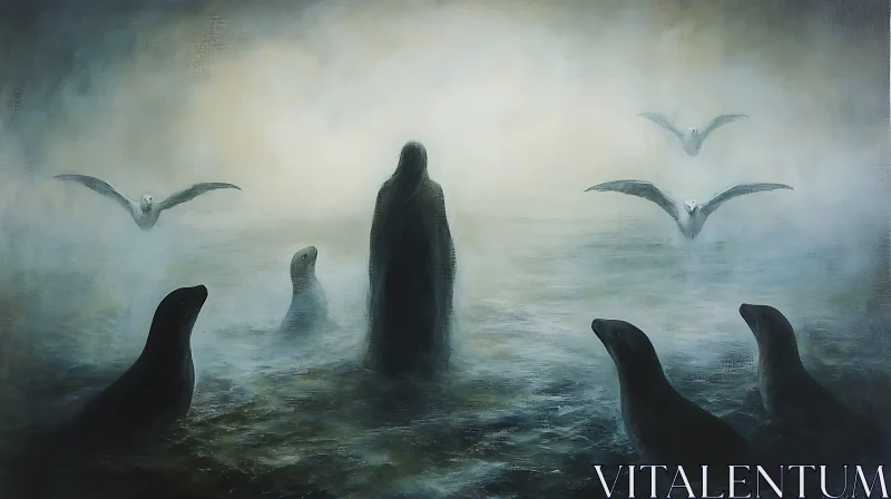 Misty Seascape with Seals and Figure AI Image