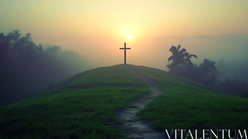 Hill With Cross at Dawn AI Image