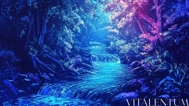 AI ART Magical Night Forest with Waterfalls