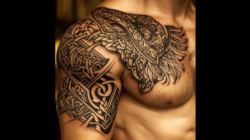 Elaborate Black Ink Tattoo on Man's Shoulder