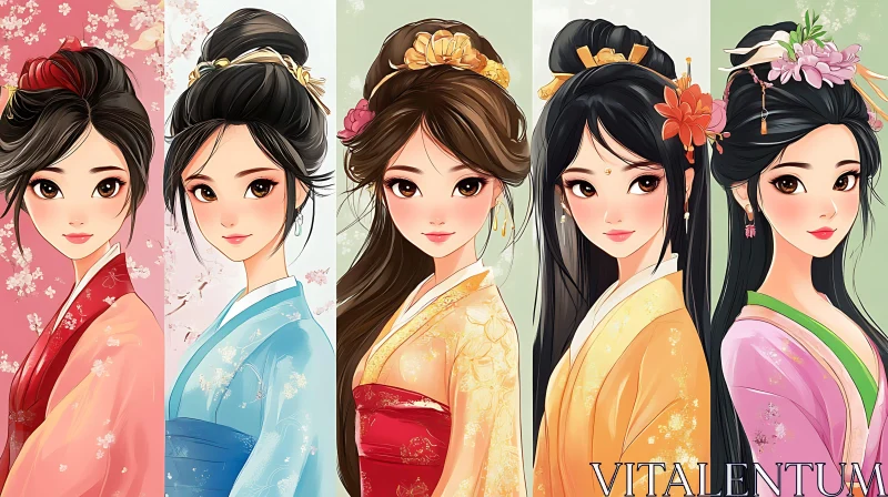 AI ART Five Asian Beauties in Traditional Kimono