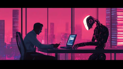 Future Office Scene: Man and Robot Working Together