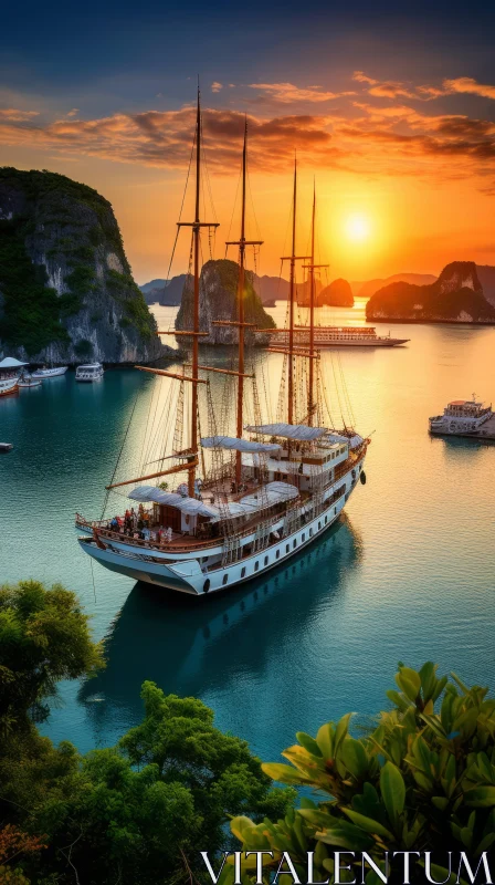 Captivating Sunset View of a Luxury Cruise Ship in Halong Bay AI Image