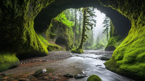 Peaceful Cave Oasis with Green Moss and Running Water