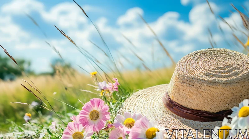 Floral Field with Straw Hat AI Image