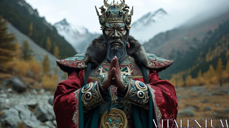 Elaborate Costume and Crown in Mountainous Landscape AI Image