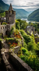 Enchanting Castle Overlooking Valley and Waterfall