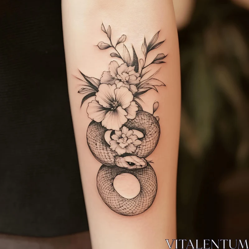 Black and White Snake Tattoo with Flowers on Arm AI Image