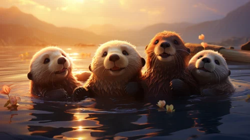 Joyful Otters at Sunrise - Captivating Close-Up Wildlife Scene