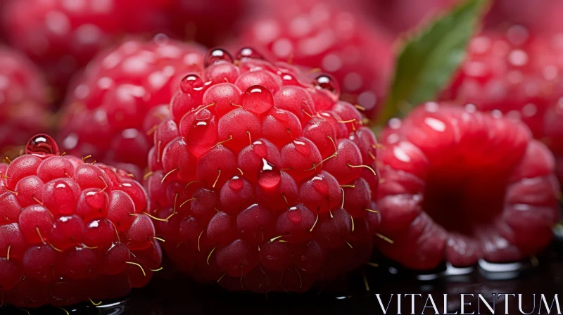 Macro Photography of Wet Raspberries on a Dark Table AI Image