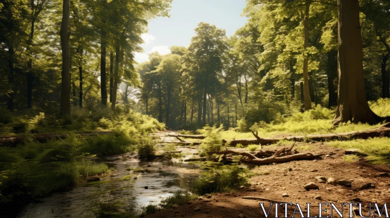 Sunlit Forest Stream - Tranquil Woodland Imagery AI Image