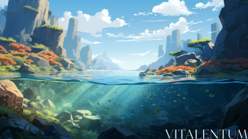 Underwater Rocky Landscape in Anime Art Style AI Image