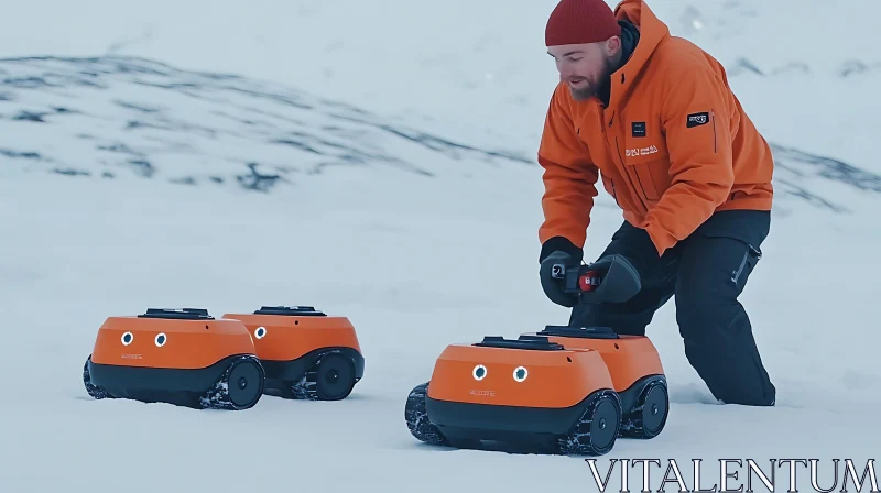 Man and Robots in Arctic Landscape