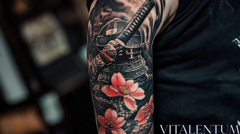 Detailed Samurai and Floral Arm Tattoo AI Image