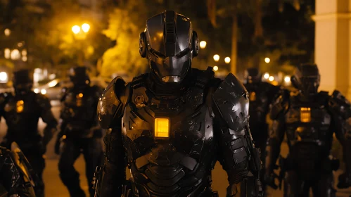 Nighttime Cityscape with Cyborg Soldiers