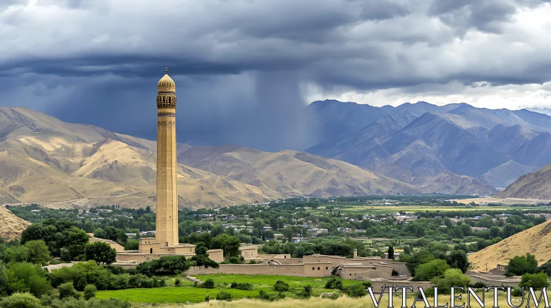 Mountain Town Minaret Under Stormy Sky