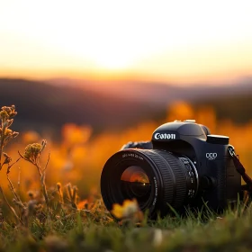 Camera at Sunset in Flowering Field