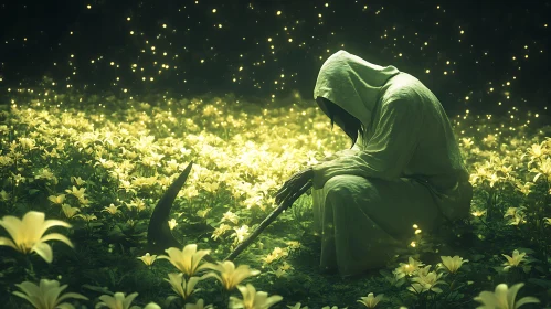 Hooded Figure in Enchanted Meadow