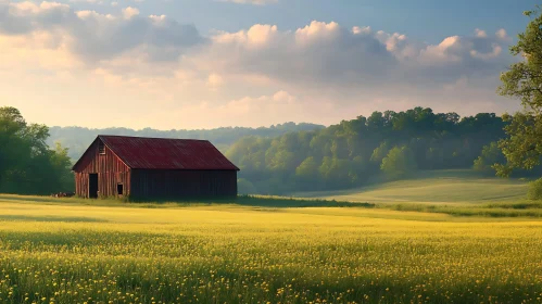 Rustic Barn Amidst Floral Meadow