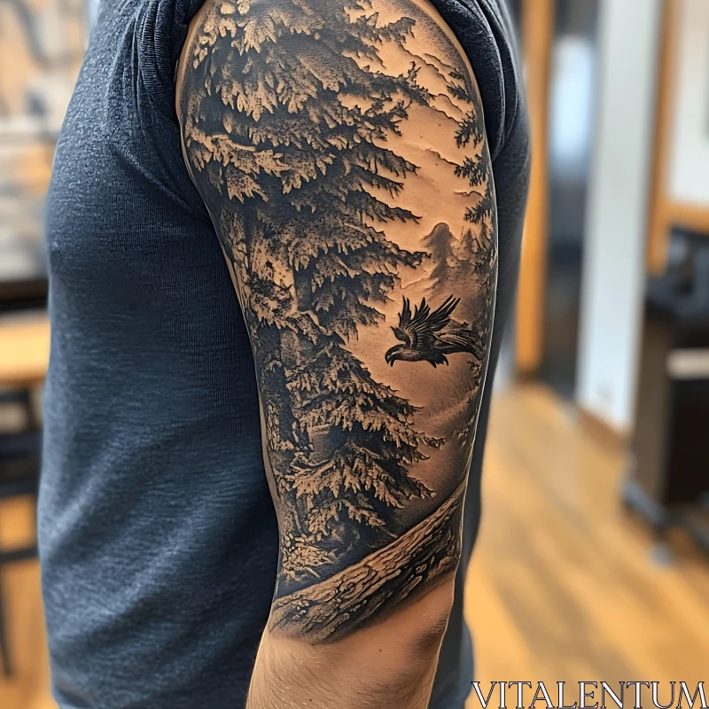 Detailed Forest and Eagle Arm Tattoo