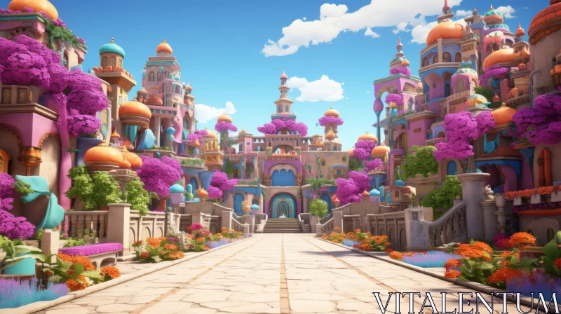 3D Animated City in Rococo Style with Vibrant Flowers AI Image