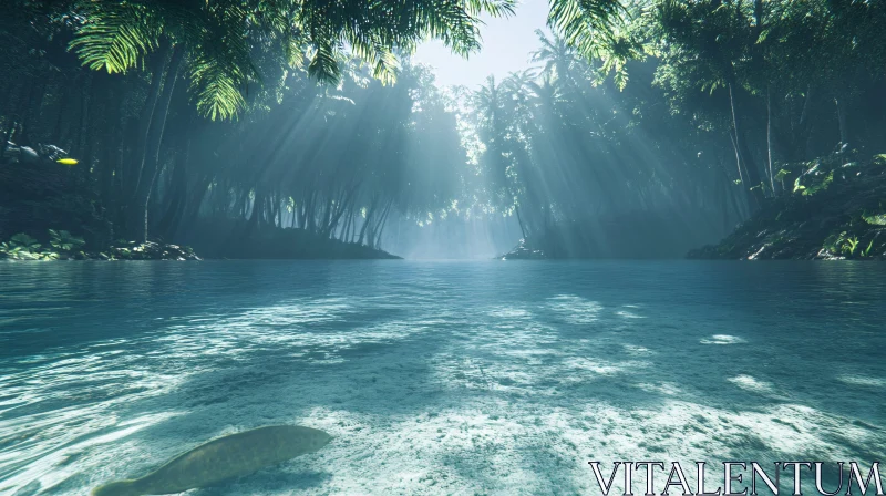 Sunlit Forest Lake with Clear Waters and Fish