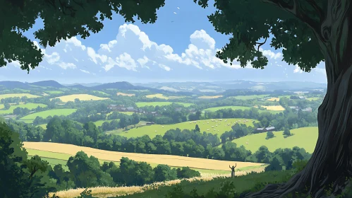 Green Fields and Distant Hills Landscape Art