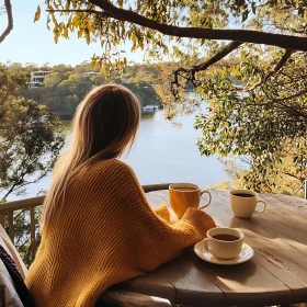 Serene Lakeside Coffee Moment