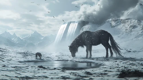 Horses in Snowy Mountain Landscape