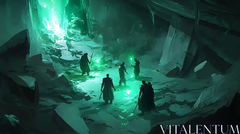 Figures in a Glowing Cavern AI Image