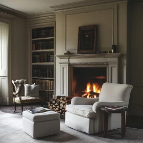 Warm Interior with Bookshelf and Armchair
