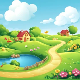 Whimsical Cartoon Village Landscape