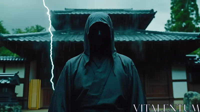 Enigmatic Figure in Rain and Lightning