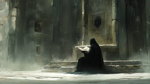 Figure Reading Book in Ancient Setting