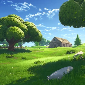 Cabin among lush green trees