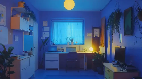 Blue Room with Desk and Plants