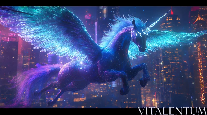Winged Unicorn in Urban Nightscape