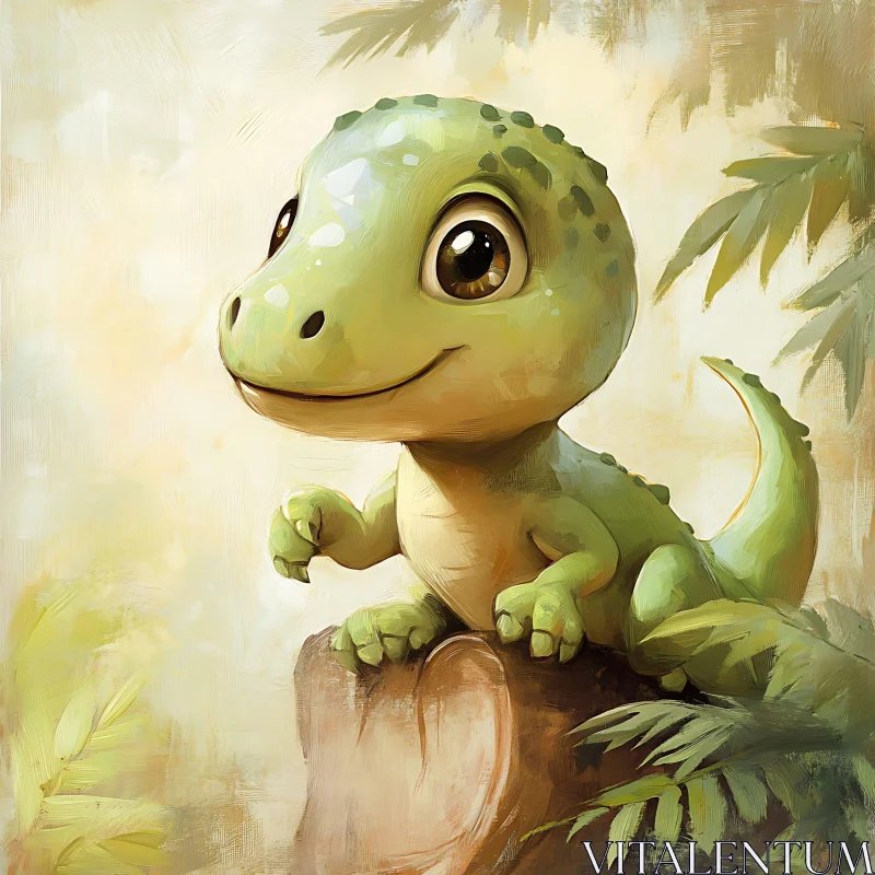 Charming Cartoon Dinosaur on Tree Stump