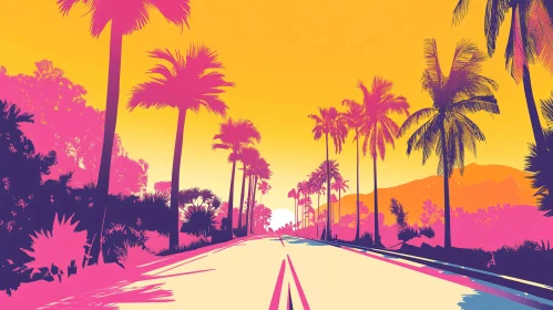 Colorful Palm Tree Road at Sunset