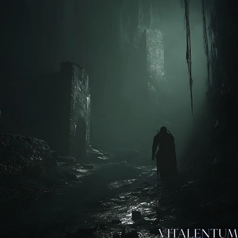 Silhouette in Foggy Cave AI Image