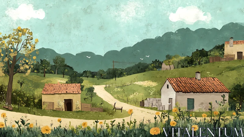 Tranquil Rural Landscape with Rustic Architecture