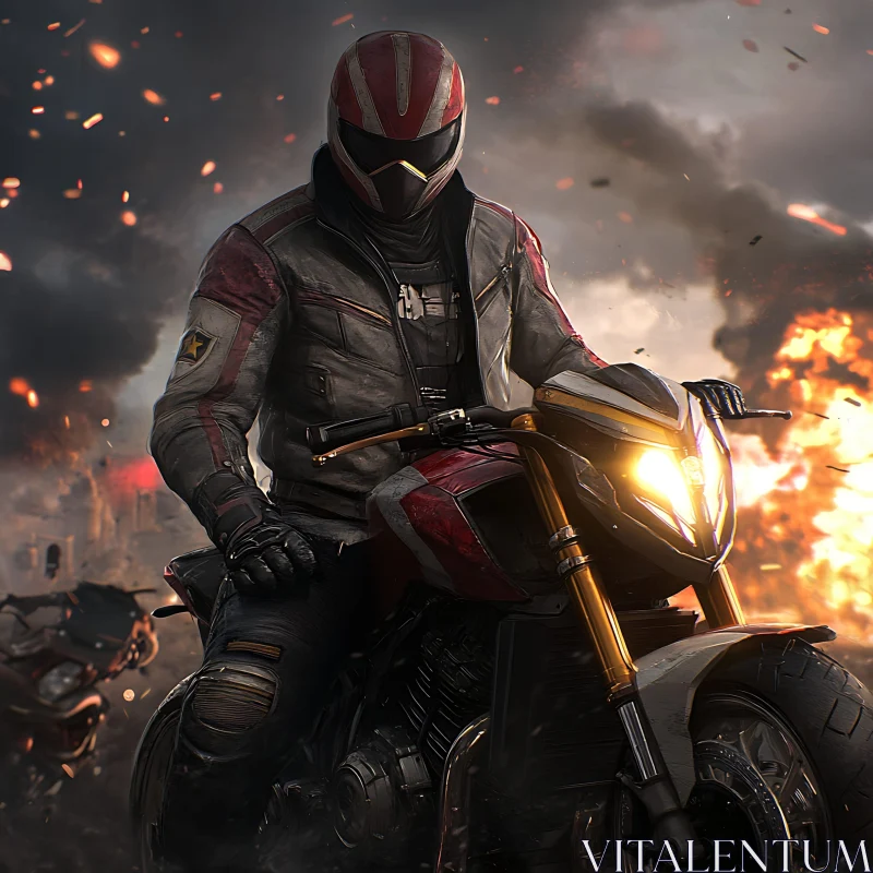 Motorcycle Rider in a Destroyed Cityscape