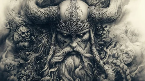 Monochrome Viking Warrior with Skulls